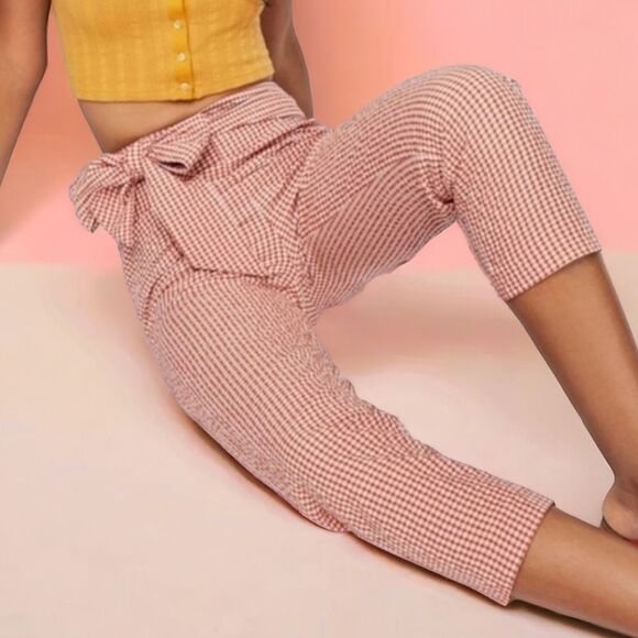 Free People West Side Tie Orange Gingham Check Seersucker Taper Leg Cropped Pant - Picture 7 of 12